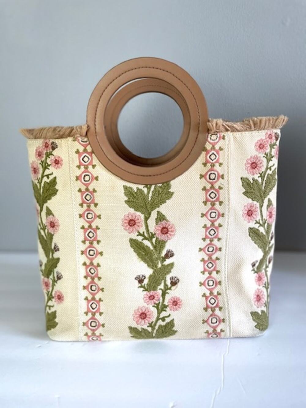 Spartina 449 Daufuskie Island Floral Canvas Leather Ring Handle Tote Bag